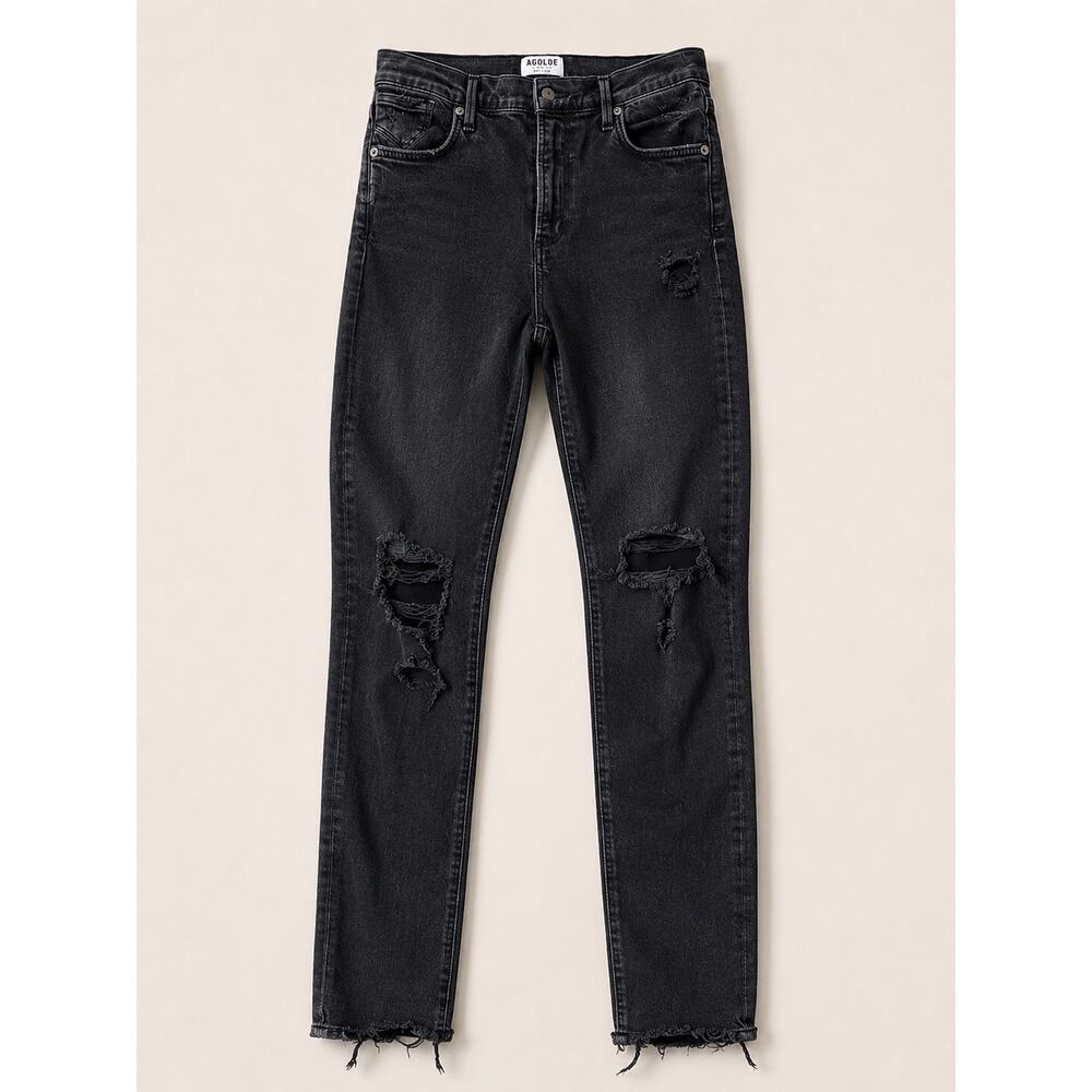 AGOLDE Black Distressed Skinny Jeans 29 High Rise Raw Hem Stretch Denim Made USA